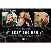 Father's Day gift print from Germotte showcasing three photos of dad and his dog, with the dog delivering the gift to dad and a touching message saying, 'Dear Dad, you're the best dog dad ever. Thanks for picking up our poop.' Customers can personalize the background color, upload three photos, and adjust the writing color.